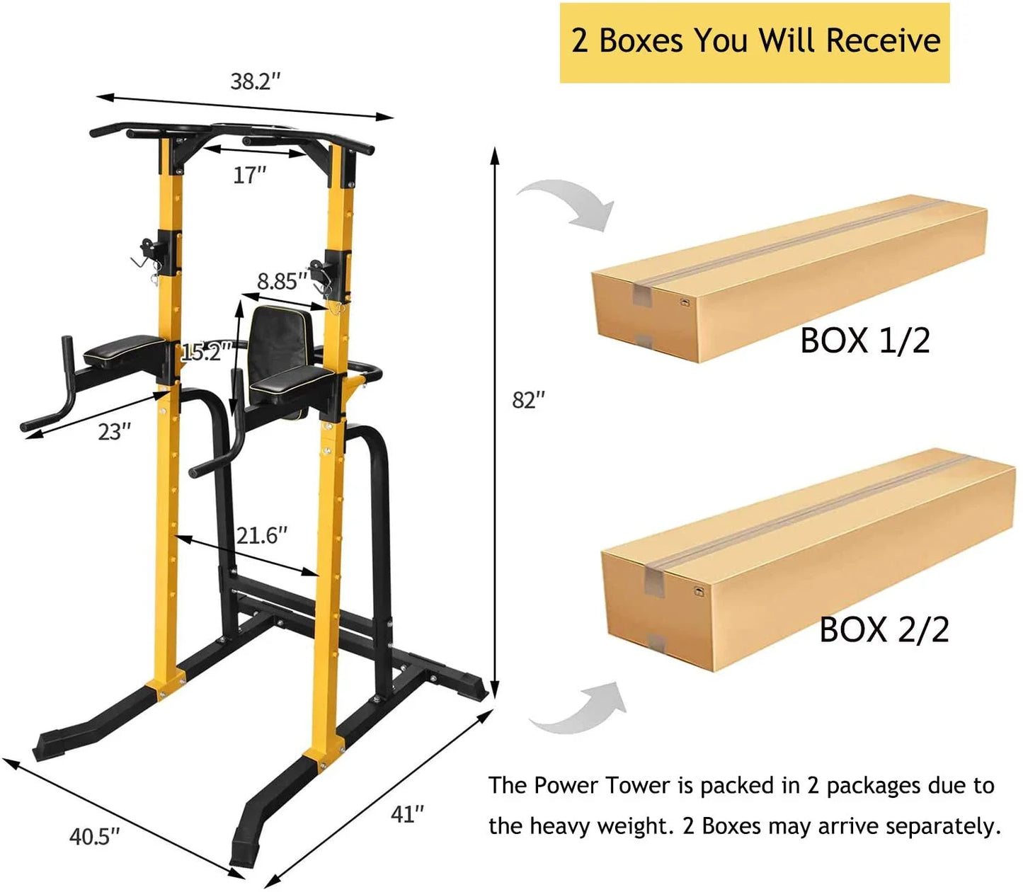ZENOVA Height Adjustable Power Tower Squat Rack Pull-Up Bars Dip Stands Strength Training Equipment for Home Gym, Yellow